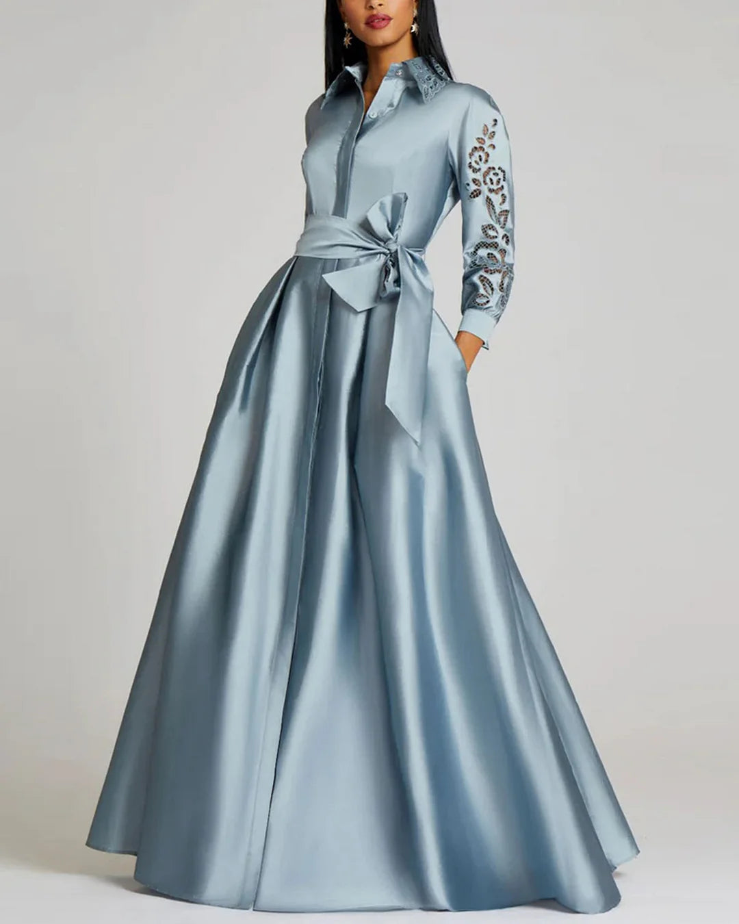 Formal Women's Dresses A-line With Eyelet Long Sleeve and Collar Floor Length Free Custom Size Mother of the Bride Dress
